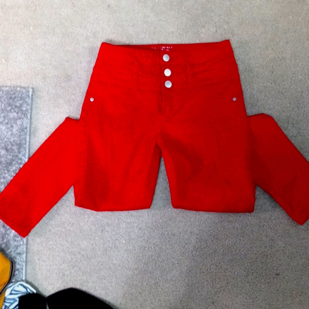 red denim high wasted jeans, worn twice